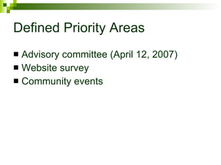 Defined Priority Areas Advisory committee (April 12, 2007) Website survey Community events 