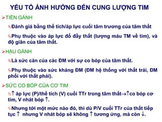 YẾU TỐ ẢNH HƢỞNG ĐẾN CUNG LƢỢNG TIM
TIỀN GÁNH
Đánh giá bằng thể tích/áp lực cuối tâm trƣơng của tâm thất
Phụ thuộc vào áp lực đổ đầy thất (lƣợng máu TM về tim), và
độ giãn của tâm thất.
HẬU GÁNH
Là sức cản của các ĐM với sự co bóp của tâm thất.
Phụ thuộc vào sức kháng ĐM (ĐM hệ thống với thất trái, ĐM
phổi với thất phải).
SỨC CO BÓP CỦA CƠ TIM
 áp lực (P)/thể tích (V) cuối TTr trong tâm thấtco bóp cơ
tim, V nhát bóp .
Nhƣng tới một mức nào đó, thì dù P/V cuối TTr của thất tiếp
tục  nhƣng V nhát bóp sẽ không  tƣơng ứng, mà còn .
 