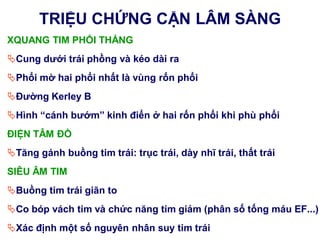 XQUANG TIM PHỔI THẮNG
Cung dƣới trái phồng và kéo dài ra
Phổi mờ hai phổi nhất là vùng rốn phổi
Đƣờng Kerley B
Hình “cánh bƣớm” kinh điển ở hai rốn phổi khi phù phổi
ĐIỆN TÂM ĐỒ
Tăng gánh buồng tim trái: trục trái, dày nhĩ trái, thất trái
SIÊU ÂM TIM
Buồng tim trái giãn to
Co bóp vách tim và chức năng tim giảm (phân số tống máu EF...)
Xác định một số nguyên nhân suy tim trái
TRIỆU CHỨNG CẬN LÂM SÀNG
 