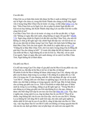 Con đời đời.
Chúa Giê-xu có hiện hữu trước khi được bà Ma-ri sanh ra không? Có người
nói là Ngài vốn chưa có, trong khi Kinh Thánh cho chúng ta biết rằng Ngài
vốn ở trong lòng Đức Chúa Cha từ trước vô cùng, và bất chấp GiGa 1:12, họ
hỏi: “Nếu Chúa Giê-xu là Ngôi Lời, thì có phải là chính Ngài đã đến với
Giê-rê-mi hay không, khi Kinh Thánh chép rằng Lời của Đức Giê-hô-va đến
cùng Giê-rê-mi?
Con Đức Chúa Trời vốn có từ trước vô cùng và sẽ tồn tại đời đời, vì Ngài
vốn “không có ngày đầu mới sanh, cũng không có ngày rốt qua đời” (HeDt
7:3). Ngài cũng chính là (Ngôi) Lời đời đời của Đức Chúa Trời, cho nên tôi
không có chút gì để nghi ngờ việc chính Ngài đã tiếp xúc với Giê-rê-mi và
tất cả các nhà tiên tri khác trong Cựư Uớc Ngài vốn luôn luôn là Đấng mạc
khải Đức Chúa Trời cho loài người. Đó chính là ý nghĩa thật sự của 1:18
“Chẳng hề ai thấy Đức Chúa Trời; chỉ Con một ở trong lòng Cha là Đấng đã
giải bày Cha cho chúng ta biết”. Vì trước khi nhập thể để trở thành con trai
của trinh nữ Ma-ri, Ngài không hề có tên là Giê-xu. Như thế, với tư cách
Con người, Ngài có ngày đầu mới sanh nhưng với tư cách Con Đức Chúa
Trời, Ngài không hề có khởi điểm.
Gia phổ của Ma-ri.
Có chỗ nào trong Cựu Ước chép về gia phổ của bà Ma-ri là mẹ phần xác của
Chúa Giê-xu, bắt đầu từ bà Ma-ri trở lui về tận Đa-vít không?
Dĩ nhiên là tên bà Ma-ri không hề được chép trong Cựu Ước, nhưng việc gia
phổ của bà được chép trong Lu-ca đoạn 3 thì chẳng bị ai phản đối cả. Cần
chú ý là trong câu 23 của chương sách đó, Giô-sép được đề cập với tư cách
“con Hê-li”, nhưng chữ con vốn được in nghiêng ngụ ý là nó do các dịch giả
thêm vào chớ thật ra không có trong nguyên văn Hi Lạp. Đây là luật chung
cho cả bảng gia phổ của Lu-ca. Tiến sĩ Scofield có nhận định qua về khúc
sách ấy trong Lu-ca là đúng, chẳng có gì để nghi ngờ cả. “Trong Ma-thi-ơ
mà chúng ta có bảng gia phổ của Giô-sép không bị ai vấn nạn, chúng ta
được cho biết rằng Giô-sép là con trai của Gia-cốp (Mat Mt 1:16). Vậy, theo
ý nghĩa nào, trong sách Lu-ca, ông lại được bảo là con Hê-li? Theo lẽ tự
nhiên, ông không thể vừa là con của Gia-cốp, vừa là con của Hê-li. Nhưng
Lu-ca không hề viết rằng Hê-li sanh Giô-sép, cho nên cách giải nghĩa tự
nhiên nhất là Giô-sép là con rể của Hê-li, cũng là hậu duệ của Đa-vít. Như
vậy, việc ông được bảo là 'con Hê-li' (chữ con không có trong nguyên bản Hi
văn mà do các dịch giả thêm vào) sẽ phù hợp với cách nói của người Do
 