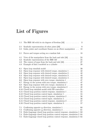 List of Figures
1.1 The IRB 140 with its six degrees of freedom [16] . . . . . . . . . 3
2.1 Symbolic representation of robot joints [20] . . . . . . . . . . . . 9
2.2 Links, joints and coordinate frames on an elbow manipulator . . 10
3.1 Forces and torques acting on a random link . . . . . . . . . . . . 18
4.1 View of the manipulator from the back and side [16] . . . . . . . 24
4.2 Symbolic representation of the IRB 140 . . . . . . . . . . . . . . 25
4.3 The centers of mass from the back and side [16] . . . . . . . . . . 27
4.4 Example of link 2 modeled as a cylinder . . . . . . . . . . . . . . 28
6.1 Open loop simulink model . . . . . . . . . . . . . . . . . . . . . . 39
6.2 Open loop response with desired torque, simulation 1 . . . . . . . 42
6.3 Open loop response with desired torque, simulation 2 . . . . . . . 42
6.4 Open loop response with desired torque, simulation 3 . . . . . . . 43
6.5 Open loop response with desired torque, simulation 4 . . . . . . . 43
6.6 Open loop response with zero torque, simulation 1 . . . . . . . . 47
6.7 Energy in the system with zero torque, simulation 1 . . . . . . . 47
6.8 Open loop response with zero torque, simulation 2 . . . . . . . . 48
6.9 Energy in the system with zero torque, simulation 2 . . . . . . . 48
6.10 Closed loop simulink model with PD controllers . . . . . . . . . . 51
6.11 Closed loop position control response, simulation 1 . . . . . . . . 55
6.12 Closed loop position control input, simulation 1 . . . . . . . . . . 55
6.13 Closed loop position control response, simulation 2 . . . . . . . . 56
6.14 Closed loop position control input, simulation 2 . . . . . . . . . . 56
6.15 Closed loop position control response, simulation 3 . . . . . . . . 57
6.16 Closed loop position control input, simulation 3 . . . . . . . . . . 57
7.1 Conrming opposite q3-direction, simulation 1 . . . . . . . . . . . 60
7.2 Conrming opposite q3-direction, simulation 2 . . . . . . . . . . . 61
7.3 Euler-Lagrange closed loop position control response, simulation 1 63
7.4 Euler-Lagrange closed loop position control response, simulation 2 64
7.5 Euler-Lagrange closed loop position control response, simulation 3 64
vii
 