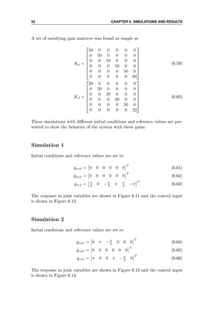 52 CHAPTER 6. SIMULATIONS AND RESULTS
A set of satisfying gain matrices was found as simple as
Kp =








50 0 0 0 0 0
0 50 0 0 0 0
0 0 50 0 0 0
0 0 0 50 0 0
0 0 0 0 50 0
0 0 0 0 0 60








(6.59)
Kd =








20 0 0 0 0 0
0 20 0 0 0 0
0 0 20 0 0 0
0 0 0 20 0 0
0 0 0 0 20 0
0 0 0 0 0 22








(6.60)
Three simulations with dierent initial conditions and reference values are pre-
sented to show the behavior of the system with these gains.
Simulation 1
Initial conditions and reference values are set to
qinit = 0 0 0 0 0 0
T
(6.61)
˙qinit = 0 0 0 0 0 0
T
(6.62)
qref = π
2 0 −π
2 π π
2 −π
T
(6.63)
The response in joint variables are shown in Figure 6.11 and the control input
is shown in Figure 6.12.
Simulation 2
Initial conditions and reference values are set to
qinit = 0 π −π
2 0 0 0
T
(6.64)
˙qinit = 0 0 0 0 0 0
T
(6.65)
qref = π 0 0 π −π
2 0
T
(6.66)
The response in joint variables are shown in Figure 6.13 and the control input
is shown in Figure 6.14.
 