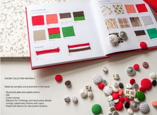 KOKORO COLLECTION MATERIALS
Material samples are presented in the book:
- Structured,plainandcoatedcottons
- Silk
- Cotton jersey
- Ribbons for ﬁnishings and decorative details
- Linings: patterned cottons and cupro
- Patterned fabrics for decorative buttons
 