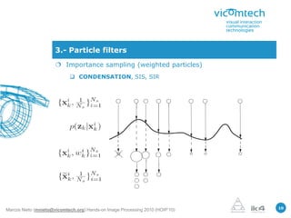 3.- Particle filters
                       Importance sampling (weighted particles)
                             CONDENSATION, SIS, SIR




                                                                               10
Marcos Nieto (mnieto@vicomtech.org) Hands-on Image Processing 2010 (HOIP’10)
 