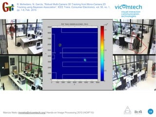 R. Mohedano, N. García, “Robust Multi-Camera 3D Tracking from Mono-Camera 2D
           Tracking using Bayesian Association”, IEEE Trans. Consumer Electronics, vol. 56, no. 1,
           pp. 1-8, Feb. 2010.




                      3.- Particle filters / Human tracking




                                                                                                     15
Marcos Nieto (mnieto@vicomtech.org) Hands-on Image Processing 2010 (HOIP’10)
 