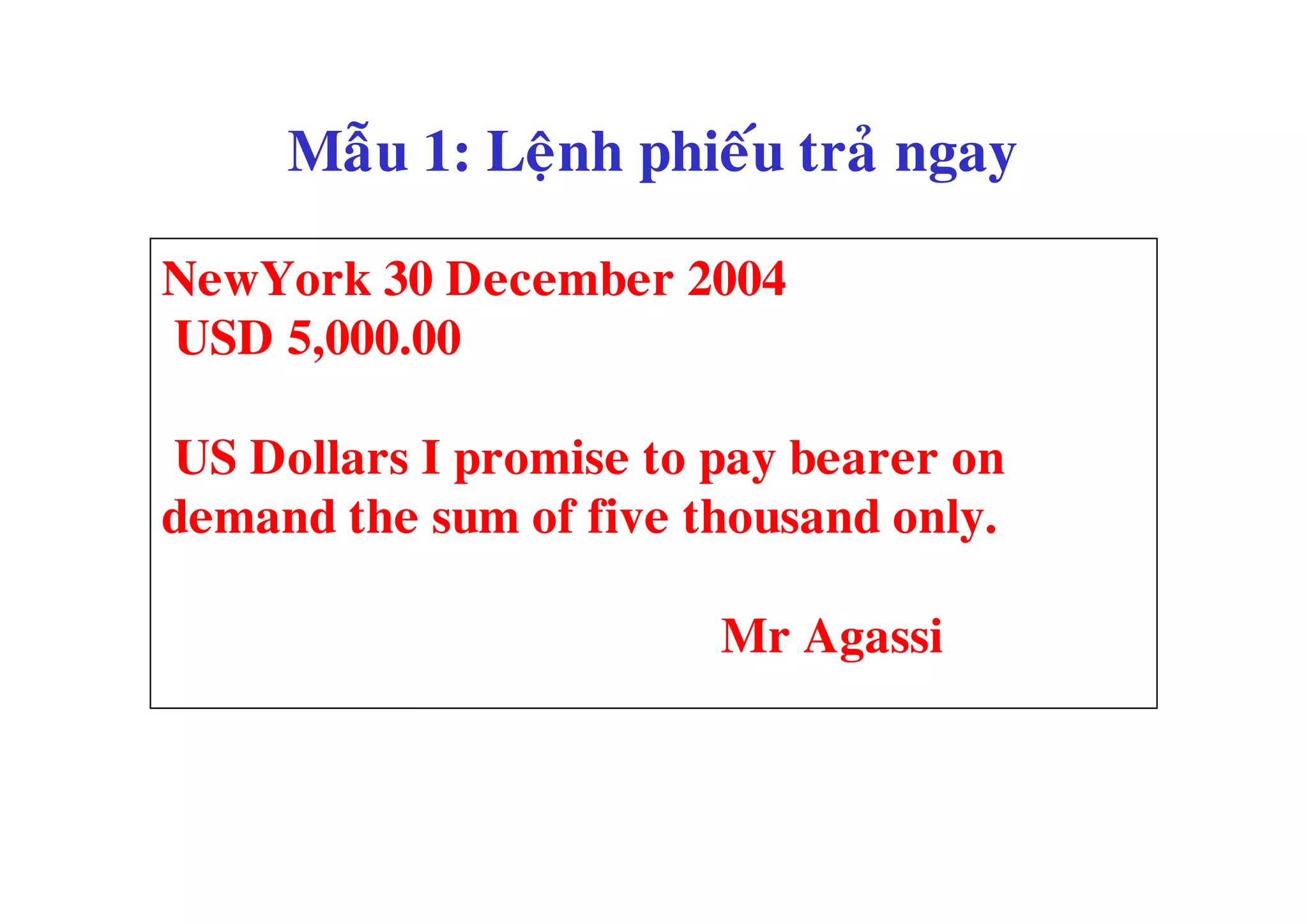 Maãu 1: Leänh phieáu traû ngay

NewYork 30 December 2004
USD 5,000.00

US Dollars I promise to pay bearer on
demand the sum of five thousand only.

                        Mr Agassi
 