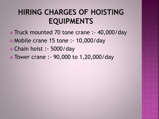  Truck mounted 70 tone crane :- 40,000/day
 Mobile crane 15 tone :- 10,000/day
 Chain hoist :- 5000/day
 Tower crane :- 90,000 to 1,20,000/day
 
