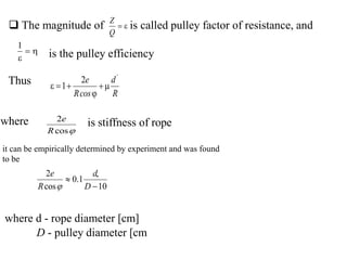 .
where is stiffness of rope
where d - rope diameter [cm]
D - pulley diameter [cm
 The magnitude of is called pulley factor of resistance, and


Q
Z



1
is the pulley efficiency
Thus
R
d
cos
R
e '






2
1

cos
2
R
e
10
1
.
0
cos
2


D
d
R
e

it can be empirically determined by experiment and was found
to be
 
