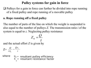 Pulley systems for gain in force
 Pulleys for a gain in force can further be divided into rope running
of a fixed pulley and rope running of a movable pulley
a. Rope running off a fixed pulley
The number of parts of the line on which the weight is suspended is
also equal to the number of pulleys Z. The transmission ratio i of the
system is equal to z. Neglecting pulley resistance
and the actual effort Z is given by
Z= z
Q
z
Q 




 