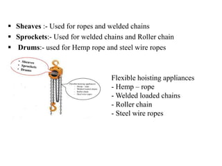  Sheaves :- Used for ropes and welded chains
 Sprockets:- Used for welded chains and Roller chain
 Drums:- used for Hemp rope and steel wire ropes
Flexible hoisting appliances
- Hemp – rope
- Welded loaded chains
- Roller chain
- Steel wire ropes
 
