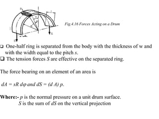  One-half ring is separated from the body with the thickness of w and
with the width equal to the pitch s.
 The tension forces S are effective on the separated ring.
The force bearing on an element of an area is
dA = sR d and dS = (d A) p.
Where:- p is the normal pressure on a unit drum surface.
S is the sum of dS on the vertical projection
Fig.4.16 Forces Acting on a Drum
 