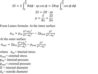2𝑆 = 2
0
𝜋
2
𝑅𝑑𝜙 ⋅ 𝑠𝑝 𝑐𝑜𝑠 𝜙 = 2𝑅𝑠𝑝
0
𝜋
2
𝑐𝑜𝑠 𝜙 𝑑𝜙
2𝑆 = 2𝑅 ⋅ 𝑠𝑝
𝑝 =
𝑆
𝑅𝑠
=
2𝑆
𝐷𝑠
From Lames formula: At the inner surface
𝜎𝑖𝑛 = 𝑝𝑖𝑛
𝐷2+𝑑0
2
𝐷2−𝑑0
2 − 2𝑝𝑜𝑢𝑡
𝐷2
𝐷2−𝑑0
2
At the outer surface
𝜎𝑜𝑢𝑡 = 2𝑝𝑖𝑛
𝐷2+𝑑0
2
𝐷2−𝑑0
2 − 𝑝𝑜𝑢𝑡
𝐷2
𝐷2−𝑑0
2
where 𝜎𝑖𝑛= internal stress
𝜎𝑜𝑢𝑡= external stress
𝑝𝑖𝑛= internal pressure
𝑝𝑜𝑢𝑡= external pressure
𝐷 = internal diameter
𝑑𝑜= outside diameter
 