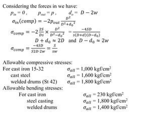 Considering the forces in we have:
pin = 0 , pout = p , do = 𝐷 − 2𝑤
𝜎𝑖𝑛 𝑐𝑜𝑚𝑝 = −2𝑝𝑜𝑢𝑡
𝐷2
𝐷2+𝑑0
2
𝜎𝑐𝑜𝑚𝑝 = −2
2𝑆
𝐷𝑠
×
𝐷2
𝐷2−𝑑0
2 =
−4𝑆𝐷
𝑠 𝐷+𝑑 𝐷−𝑑0
𝐷 + 𝑑0 ≈ 2𝐷 and 𝐷 − 𝑑0 ≈ 2𝑤
𝜎𝑐𝑜𝑚𝑝 =
−4𝑆𝐷
𝑆2𝐷⋅2𝑤
=
𝑆
𝑠𝑤
Allowable compressive stresses:
For cast iron 15-32 𝜎𝑎𝑙𝑙 = 1,000 kgf/cm2
cast steel 𝜎𝑎𝑙𝑙 = 1,600 kgf/cm2
welded drums (St 42) 𝜎𝑎𝑙𝑙 = 1,800 kgf/cm2
Allowable bending stresses:
For cast iron 𝜎𝑎𝑙𝑙 = 230 kgf/cm2
steel casting 𝜎𝑎𝑙𝑙 = 1,800 kgf/cm2
welded drums 𝜎𝑎𝑙𝑙 = 1,400 kgf/cm2
 