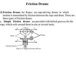 Friction Drums
 Friction Drums for Ropes: are rope-driving drums in which
motion is transmitted by friction between the rope and drum. There are
three types of friction drums.
a. Simple friction drums are provided with helical grooves for the
rope, which coils around them in one or several turns.
 