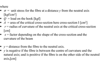 where
  = unit stress for the fibre at a distance y from the neutral axis
[kgf/cm2]
 Q = load on the hook kgf
 A = area of the critical cross-section here cross-section I cm
 r = radius of curvature of the neutral axis at the critical cross-section
cm
 x = factor depending on the shape of the cross-section and the
curvature of the beam
 y = distance from the fibre to the neutral axis.
 y is negative if the fibre is between the centre of curvature and the
natural axis; and is positive if the fibre is on the other side of the neutral
axis,cm
 