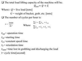 The total load lifting capacity of the machine will be:
𝑄𝑡𝑜𝑡= 𝑄 + 𝐺
Where:- Q = live load [tons]
G = weight of bucket, grab, etc. [tons]
 The number of cycles per hour is:
Where
𝑡𝑜𝑝= operation time
𝑡𝑠𝑡=starting time
𝑡𝑐𝑠=constant speed time
𝑡𝑟= retardation time
𝑡𝑖𝑑𝑒𝑙=time lost in grabbing and discharging the load
t= cycle time[second]


t
n
3600
r
cs
st
op t
t
t
t 



idle
op t
t
t 

 
 