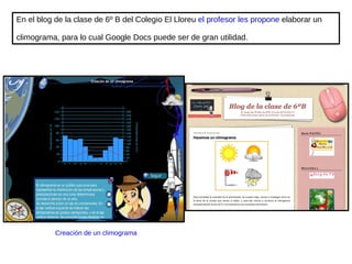 Creación de un climograma   En el blog de la clase de 6º B del Colegio El Lloreu  el profesor les propone  elaborar un climograma, para lo cual Google Docs puede ser de gran utilidad. 