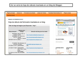 Así se vería la hoja de cálculo insertada en un blog de Blogger. 