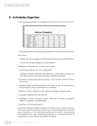 La hoja de Cálculo:Ms Excel




    V.- Actividades Sugeridas
               • Construya una planilla con la siguiente información o lo que usted desee:




               • Cuide que las filas y columnas estén ajustadas al tamaño de la información.

               •Proceda a:

                - Insertar una nueva columna con información de las notas de Artes Plásticas.

                - Insertar una fila para agregar un nuevo alumno.

               •Modificar el contenido de, al menos, dos celdas:

                - Paula Araya obtuvo un 6.4 en matemáticas.

                - Cambiar el nombre «Marcela» por «Marcelo». ¿Cómo haría Ud. para cam-
                  biar sólo una letra sin escribir el nombre completo de nuevo?

               • Guardar en carpeta personal este archivo, con el nombre «Informe Trimes-
                 tral» u otro.

               • Utilizar la ayuda de Microsoft Excel en los casos en que no comprenda un
                 procedimiento o desee profundizar los contenidos.

               • Explorar el botón «Opciones» del cuadro de diálogo «Guardar como».

               • Configurar páginas antes de imprimir.

               • Desplegar el menú «Archivo». Luego, seleccionar la opción «Configurar
                 Página» y, explorar sus posibilidades.

               • Enumerar en forma automática.

               Una acción habitual, cuando se trabaja con lista de curso, es tener enumera-
               do a cada uno de los alumnos. Cada vez que usted esté haciendo una acción
               que es repetitiva y en la cual hay un patrón que se repite o, una secuencia
               reconocida (en este caso, numeración partiendo en 1 y aumentando en 1),
               usted podrá, de una manera muy simple efectuarla.



124    E n l a c e s   M o n t e g r a n d e
 