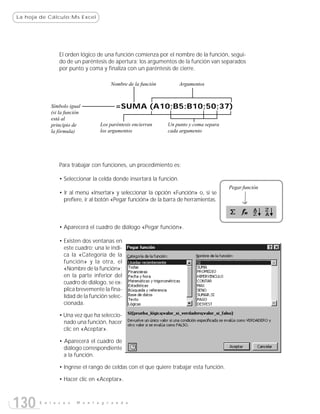 La hoja de Cálculo:Ms Excel




               El orden lógico de una función comienza por el nombre de la función, segui-
               do de un paréntesis de apertura; los argumentos de la función van separados
               por punto y coma y finaliza con un paréntesis de cierre.

                                     Nombre de la función           Argumentos



           Símbolo igual                =SUMA (A10;B5:B10;50;37)
           (si la función
           está al
           principio de          Los paréntesis encierran    Un punto y coma separa
           la fórmula)           los argumentos              cada argumento




               Para trabajar con funciones, un procedimiento es:

               • Seleccionar la celda donde insertará la función.
                                                                                       Pegar función
               • Ir al menú «Insertar» y seleccionar la opción «Función» o, si se
                 prefiere, ir al botón «Pegar función» de la barra de herramientas.



               • Aparecerá el cuadro de diálogo «Pegar función».

               • Existen dos ventanas en
                 este cuadro; una le indi-
                 ca la «Categoría de la
                 función» y la otra, el
                 «Nombre de la función»;
                 en la parte inferior del
                 cuadro de diálogo, se ex-
                 plica brevemente la fina-
                 lidad de la función selec-
                 cionada.

               • Una vez que ha seleccio-
                 nado una función, hacer
                 clic en «Aceptar».

               • Aparecerá el cuadro de
                 diálogo correspondiente
                 a la función.

               • Ingrese el rango de celdas con el que quiere trabajar esta función.

               • Hacer clic en «Aceptar».



130    E n l a c e s   M o n t e g r a n d e
 
