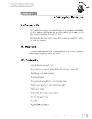 La hoja de Cálculo:Ms Excel




             Módulo Nº 1
                                                           «Conceptos Básicos»

             I.- Presentación
                       Este módulo comprende la presentación de los conceptos y operaciones bási-
                       cas de la hoja de cálculo y que son una información necesaria para que el
                       usuario pueda manejarse de manera óptima.

                       Con ello podrá identificar el uso, mover datos, ampliar y reducir filas y colum-
                       nas según corresponda.



             II.- Objetivos
                       Conocer las operaciones básicas para manejar la hoja de cálculo, identifican-
                       do conceptos propios de la hoja de cálculo.



             III.- Contenidos
                       • Hoja de Cálculo Microsoft Excel

                       • Ventana Inicial y términos básicos (celda, fila, columna, rango, etc)

                       • Desplazarse en la hoja de cálculo

                       • Seleccionar celdas

                       • Introducir dato y modificar el contenido una celda

                       • Copiar, pegar y mover el contenido de una celda

                       • Formato de celdas

                       • Ordenar los datos en la hoja de cálculo

                       • Insertar filas y columnas

                       • Guardar

                       • Ayuda en Microsoft Excel




                                                           E n l a c e s   M o n t e g r a n d e
                                                                                                    115
 