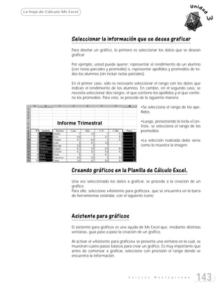 La hoja de Cálculo:Ms Excel




                       Seleccionar la información que se desea graficar
                       Para diseñar un gráfico, lo primero es seleccionar los datos que se desean
                       graficar.

                       Por ejemplo, usted puede querer: representar el rendimiento de un alumno
                       (con notas parciales y promedio) o, representar apellidos y promedios de to-
                       dos los alumnos (sin incluir notas parciales).

                       En el primer caso, sólo es necesario seleccionar el rango con los datos que
                       indican el rendimiento de los alumnos. En cambio, en el segundo caso, se
                       necesita seleccionar dos rangos: el que contiene los apellidos y el que contie-
                       ne los promedios. Para esto, se procede de la siguiente manera:

                                                                 •Se selecciona el rango de los ape-
                                                                 llidos.

                                                                 •Luego, presionando la tecla «Con-
                                                                 trol», se selecciona el rango de los
                                                                 promedios.

                                                                 •La selección realizada debe verse
                                                                 como lo muestra la imagen:




                       Creando gráficos en la Planilla de Cálculo Excel.
                       Una vez seleccionado los datos a graficar, se procede a la creación de un
                       gráfico.
                       Para ello, seleccione «Asistente para gráficos», que se encuentra en la barra
                       de herramientas estándar, con el siguiente icono




                       Asistente para gráficos
                       El asistente para gráficos es una ayuda de Ms Excel que, mediante distintas
                       ventanas, guía paso a paso la creación de un gráfico.

                       Al activar el «Asistente para gráficos» se presenta una ventana en la cual, se
                       muestran cuatro pasos básicos para crear un gráfico. Es muy importante que
                       antes de comenzar a graficar, seleccione con precisión el rango donde se
                       encuentra la información.




                                                         E n l a c e s   M o n t e g r a n d e
                                                                                                   143
 