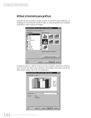 La hoja de Cálculo:Ms Excel




               Utilizar el Asistente para gráficos
               Teniendo ya seleccionado el rango y activo el «Asistente para gráficos», se
               despliega un menú flotante donde se elige: el «Tipo de gráfico» y el «Subtipo
               de gráfico», como muestra la imagen.




               El siguiente paso es, definir la forma en que el gráfico ordenará la informa-
               ción, es decir, por filas o por columnas. Usted debe seleccionar una de las
               alternativas y luego, hacer clic en «Siguiente».




144    E n l a c e s   M o n t e g r a n d e
 