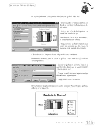 La hoja de Cálculo:Ms Excel




                       En el paso posterior, usted puede dar rótulos al gráfico. Para ello:


                                                               • En el recuadro «Título de gráfico», es
                                                               donde se escribe el título que usted de-
                                                               sea poner.

                                                               • Luego, en «Eje de Categorías», se
                                                               puede dar nombre al eje.

                                                               • Finalmente, en el «Eje de Valores»,
                                                               es en donde se dan valores.

                                                               • Seguramente ya habrá notado que
                                                               todos los cambios que Ud. hace, se
                                                               muestran en la pantalla del asistente.


                       • A continuación, haga un clic en «Siguiente» para continuar.

                       Finalmente, el último paso es ubicar el gráfico. Usted tiene dos opciones en
                       «Situar gráfico»:

                                                          • Colocar el gráfico en la misma hoja en la
                                                          cual tiene los datos que se usaron (opción
                                                          «Como objeto en»)

                                                          • Colocar el gráfico en una hoja nueva (op-
                                                          ción «En una hoja nueva»).

                                                          • Luego, seleccione «Terminar».


                       El resultado de la aplicación de éstos cuatro pasos del Asistente para gráficos,
                       debería ser el siguiente:




                                                          E n l a c e s   M o n t e g r a n d e
                                                                                                    145
 