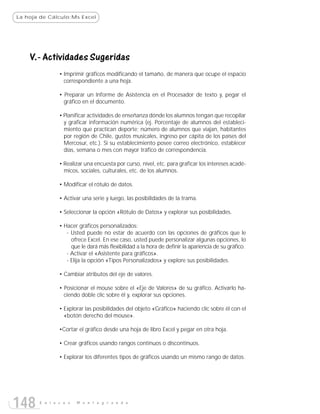 La hoja de Cálculo:Ms Excel




    V.- Actividades Sugeridas
               • Imprimir gráficos modificando el tamaño, de manera que ocupe el espacio
                 correspondiente a una hoja.

               • Preparar un Informe de Asistencia en el Procesador de texto y, pegar el
                 gráfico en el documento.

               • Planificar actividades de enseñanza dónde los alumnos tengan que recopilar
                 y graficar información numérica (ej. Porcentaje de alumnos del estableci-
                 miento que practican deporte; número de alumnos que viajan, habitantes
                 por región de Chile, gustos musicales, ingreso per cápita de los países del
                 Mercosur, etc.). Si su establecimiento posee correo electrónico, establecer
                 días, semana o mes con mayor tráfico de correspondencia.

               • Realizar una encuesta por curso, nivel, etc. para graficar los intereses acadé-
                 micos, sociales, culturales, etc. de los alumnos.

               • Modificar el rótulo de datos.

               • Activar una serie y luego, las posibilidades de la trama.

               • Seleccionar la opción «Rótulo de Datos» y explorar sus posibilidades.

               • Hacer gráficos personalizados:
                  - Usted puede no estar de acuerdo con las opciones de gráficos que le
                    ofrece Excel. En ese caso, usted puede personalizar algunas opciones, lo
                    que le dará más flexibilidad a la hora de definir la apariencia de su gráfico.
                  - Activar el «Asistente para gráficos».
                  - Elija la opción «Tipos Personalizados» y explore sus posibilidades.

               • Cambiar atributos del eje de valores.

               • Posicionar el mouse sobre el «Eje de Valores» de su gráfico. Activarlo ha-
                 ciendo doble clic sobre él y, explorar sus opciones.

               • Explorar las posibilidades del objeto «Gráfico» haciendo clic sobre él con el
                 «botón derecho del mouse».

               •Cortar el gráfico desde una hoja de libro Excel y pegar en otra hoja.

               • Crear gráficos usando rangos continuos o discontinuos.

               • Explorar los diferentes tipos de gráficos usando un mismo rango de datos.




148    E n l a c e s   M o n t e g r a n d e
 