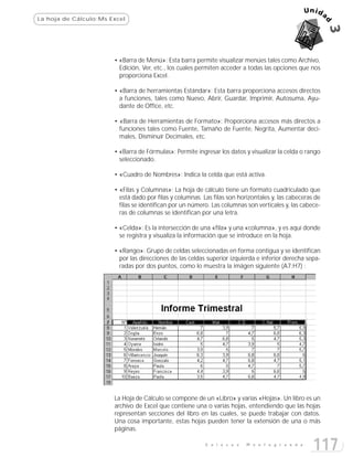 La hoja de Cálculo:Ms Excel




                       • «Barra de Menú»: Esta barra permite visualizar menúes tales como Archivo,
                         Edición, Ver, etc., los cuales permiten acceder a todas las opciones que nos
                         proporciona Excel.

                       • «Barra de herramientas Estándar»: Esta barra proporciona accesos directos
                         a funciones, tales como Nuevo, Abrir, Guardar, Imprimir, Autosuma, Ayu-
                         dante de Office, etc.

                       • «Barra de Herramientas de Formato»: Proporciona accesos más directos a
                         funciones tales como Fuente, Tamaño de Fuente, Negrita, Aumentar deci-
                         males, Disminuir Decimales, etc.

                       • «Barra de Fórmulas»: Permite ingresar los datos y visualizar la celda o rango
                         seleccionado.

                       • «Cuadro de Nombres»: Indica la celda que está activa.

                       • «Filas y Columnas»: La hoja de cálculo tiene un formato cuadriculado que
                         está dado por filas y columnas. Las filas son horizontales y, las cabeceras de
                         filas se identifican por un número. Las columnas son verticales y, las cabece-
                         ras de columnas se identifican por una letra.

                       • «Celda»: Es la intersección de una «fila» y una «columna», y es aquí donde
                         se registra y visualiza la información que se introduce en la hoja.

                       • «Rango»: Grupo de celdas seleccionadas en forma contigua y se identifican
                         por las direcciones de las celdas superior izquierda e inferior derecha sepa-
                         radas por dos puntos, como lo muestra la imágen siguiente (A7:H7) :




                       La Hoja de Cálculo se compone de un «Libro» y varias «Hojas». Un libro es un
                       archivo de Excel que contiene una o varias hojas, entendiendo que las hojas
                       representan secciones del libro en las cuales, se puede trabajar con datos.
                       Una cosa importante, estas hojas pueden tener la extensión de una o más
                       páginas.

                                                          E n l a c e s   M o n t e g r a n d e
                                                                                                    117
 