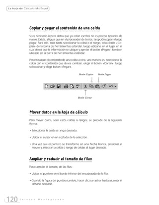 La hoja de Cálculo:Ms Excel




               Copiar y pegar el contenido de una celda
               Si es necesario repetir datos que ya están escritos no es preciso tipearlos de
               nuevo. Existe, al igual que en el procesador de textos, la opción copiar y luego
               pegar. Para ello, sólo basta seleccionar la celda o el rango, seleccionar «Co-
               piar» de la barra de herramientas estándar, luego ubicarse en el lugar en el
               cual desea que la información se ubique y apretar el botón «Pegar», también
               ubicado en la barra de herramientas estándar.

               Para trasladar el contenido de una celda a otra, una manera es: seleccionar la
               celda con el contenido que desea cambiar, elegir el botón «Cortar», luego
               seleccionar y elegir botón «Pegar».

                                                         Botón Copiar     Botón Pegar




                                                         Botón Cortar




               Mover datos en la hoja de cálculo
               Para mover datos, sean estos celdas o rangos, se procede de la siguiente
               forma:

               • Seleccionar la celda o rango deseado.

               • Ubicar el cursor en un costado de la selección.

               • Una vez que el puntero se transforme en una flecha blanca, presionar el
                 mouse y arrastrar la celda o rango de celdas al lugar deseado.



               Ampliar y reducir el tamaño de filas
               Para cambiar el tamaño de las filas:

               • Ubicar el puntero en el borde inferior del encabezado de la fila.

               • Cuando la figura del puntero cambie, hacer clic y arrastrar hasta alcanzar el
                 tamaño deseado.




120    E n l a c e s   M o n t e g r a n d e
 