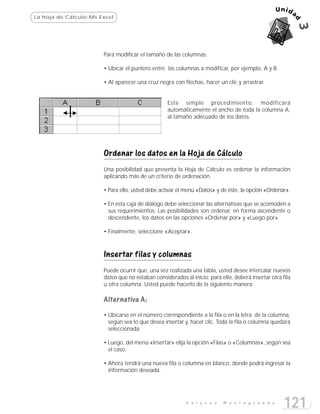 La hoja de Cálculo:Ms Excel




                       Para modificar el tamaño de las columnas:

                       • Ubicar el puntero entre las columnas a modificar, por ejemplo, A y B.

                       • Al aparecer una cruz negra con flechas, hacer un clic y arrastrar.


                                                  Este simple procedimiento, modificará
                                                  automáticamente el ancho de toda la columna A,
                                                  al tamaño adecuado de los datos.




                       Ordenar los datos en la Hoja de Cálculo
                       Una posibilidad que presenta la Hoja de Cálculo es ordenar la información
                       aplicando más de un criterio de ordenación.

                       • Para ello, usted debe activar el menú «Datos» y de éste, la opción «Ordenar».

                       • En esta caja de diálogo debe seleccionar las alternativas que se acomoden a
                         sus requerimientos. Las posibilidades son ordenar, en forma ascendente o
                         descendente, los datos en las opciones «Ordenar por» y «Luego por».

                       • Finalmente, seleccione «Aceptar».



                       Insertar filas y columnas
                       Puede ocurrir que, una vez realizada una tabla, usted desee intercalar nuevos
                       datos que no estaban considerados al inicio; para ello, deberá insertar otra fila
                       u otra columna. Usted puede hacerlo de la siguiente manera:

                       Alternativa A:
                       • Ubicarse en el número correspondiente a la fila o en la letra de la columna,
                         según sea lo que desea insertar y, hacer clic. Toda la fila o columna quedará
                         seleccionada.

                       • Luego, del menú «Insertar» elija la opción «Filas» o «Columnas», según sea
                         el caso.

                       • Ahora tendrá una nueva fila o columna en blanco, donde podrá ingresar la
                         información deseada.




                                                          E n l a c e s   M o n t e g r a n d e
                                                                                                     121
 