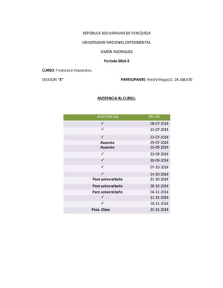REPÚBLICA BOLIVARIANA DE VENEZUELA 
UNIVERSIDAD NACIONAL EXPERIMENTAL 
SIMÓN RODRIGUEZ 
Periodo 2014-2 
CURSO: Finanzas e Impuestos. 
SECCION “E” PARTICIPANTE: Fred Villegas CI. 24.168.670 
ASISTENCIA AL CURSO. 
ASISTENCIAS FECHA 
 08-07-2014 
 15-07-2014 
 22-07-2014 
Ausente 29-07-2014 
Ausente 16-09-2014 
 23-09-2014 
 30-09-2014 
 07-10-2014 
 14-10-2014 
Paro universitario 21-10-2014 
Paro universitario 28-10-2014 
Paro universitario 04-11-2014 
 11-11-2014 
 18-11-2014 
Prox. Clase 25-11-2014 
