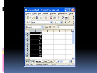“Datos alfabéticos”En el caso de datos alfabéticos procedemos de manera similar a la realizada con los datos numéricos. Con la salvedad que debemos aclarar que todos las celdas deben estar incluidas en el ordenamiento y que el orden es determinado alfabéticamente.1. Seleccionar todas las celdas involucradas usando el puntero del ratón.2. Seleccionar en la barra de herramientas “Datos/Ordenar”.3. Hacer clic en la solapa “Opciones”.4. Desmarcamos el casillero “El intervalo contiene etiquetas de columnas”.5. Hacer clic en la solapa “Criterios”.6. Elegir “Columna A”.7. En “Ordenar según” y el orden en forma ascendente o descendente.8. Hacer clic en el botón “Aceptar”.