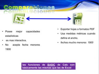 • Exportar hojas a formatos PDF
• Posee      mejor     capacidades
                                               • Usa medidas métricas cuando
    estadísticas
                                                 define el ancho.
•   es mas interactiva.
                                               • fechas mucho menores 1900
• No       acepta fecha menores
    1900




                     las funciones de BASIC de Calc son
                     básicamente las mismas que las de Excel
 