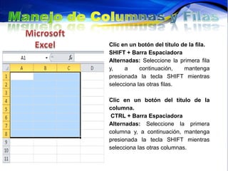 Clic en un botón del título de la fila.
SHIFT + Barra Espaciadora
Alternadas: Seleccione la primera fila
y,    a     continuación,    mantenga
presionada la tecla SHIFT mientras
selecciona las otras filas.

Clic en un botón del título de la
columna.
 CTRL + Barra Espaciadora
Alternadas: Seleccione la primera
columna y, a continuación, mantenga
presionada la tecla SHIFT mientras
selecciona las otras columnas.
 