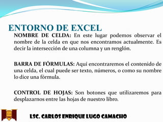 ENTORNO DE EXCEL
NOMBRE DE CELDA: En este lugar podemos observar el
nombre de la celda en que nos encontramos actualmente. Es
decir la intersección de una columna y un renglón.
BARRA DE FÓRMULAS: Aquí encontraremos el contenido de
una celda, el cual puede ser texto, números, o como su nombre
lo dice una fórmula.
CONTROL DE HOJAS: Son botones que utilizaremos para
desplazarnos entre las hojas de nuestro libro.
Lsc. Carlos enrique lugo camacho

 