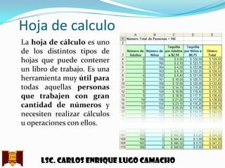 Hoja de calculo
La hoja de cálculo es uno
de los distintos tipos de
hojas que puede contener
un libro de trabajo. Es una
herramienta muy útil para
todas aquellas personas
que trabajen con gran
cantidad de números y
necesiten realizar cálculos
u operaciones con ellos.

Lsc. Carlos enrique lugo camacho

 