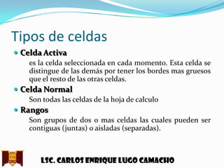 Tipos de celdas
 Celda Activa
es la celda seleccionada en cada momento. Esta celda se
distingue de las demás por tener los bordes mas gruesos
que el resto de las otras celdas.
 Celda Normal
Son todas las celdas de la hoja de calculo
 Rangos
Son grupos de dos o mas celdas las cuales pueden ser
contiguas (juntas) o aisladas (separadas).

Lsc. Carlos enrique lugo camacho

 