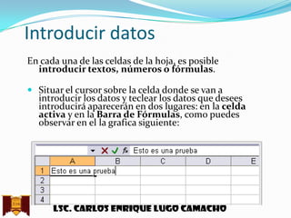 Introducir datos
En cada una de las celdas de la hoja, es posible
introducir textos, números o fórmulas.
 Situar el cursor sobre la celda donde se van a

introducir los datos y teclear los datos que desees
introducirá aparecerán en dos lugares: en la celda
activa y en la Barra de Fórmulas, como puedes
observar en el la grafica siguiente:

Lsc. Carlos enrique lugo camacho

 