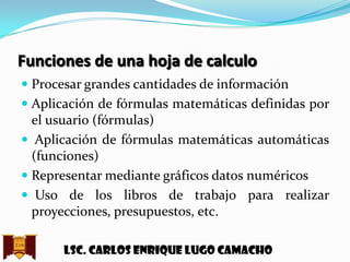 Funciones de una hoja de calculo
 Procesar grandes cantidades de información
 Aplicación de fórmulas matemáticas definidas por
el usuario (fórmulas)
 Aplicación de fórmulas matemáticas automáticas
(funciones)
 Representar mediante gráficos datos numéricos
 Uso de los libros de trabajo para realizar

proyecciones, presupuestos, etc.
Lsc. Carlos enrique lugo camacho

 