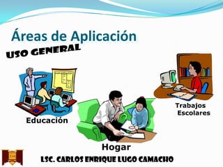 Áreas de Aplicación

Trabajos
Escolares

Educación

Hogar
Lsc. Carlos enrique lugo camacho

 