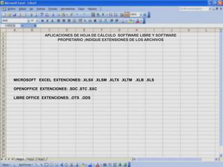 APLICACIONES DE HOJA DE CÁLCULO SOFTWARE LIBRE Y SOFTWARE
PROPIETARIO ;INDIQUE EXTENSIONES DE LOS ARCHIVOS
MICROSOFT EXCEL EXTENCIONES: .XLSX .XLSM .XLTX .XLTM .XLB .XLS
OPENOFFICE EXTENCIONES: .SDC .STC .SXC
LIBRE OFFICE EXTENCIONES: .OTS .ODS
 