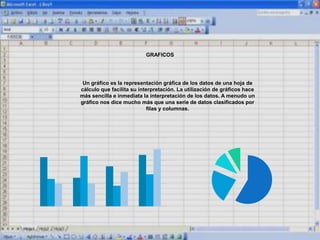 Un gráfico es la representación gráfica de los datos de una hoja de
cálculo que facilita su interpretación. La utilización de gráficos hace
más sencilla e inmediata la interpretación de los datos. A menudo un
gráfico nos dice mucho más que una serie de datos clasificados por
filas y columnas.
GRAFICOS
 