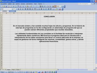 CONCLUSION
En el mercado existen y han existido muchas hojas de cálculo y programas. En la historia de
este tipo de programas se ha ido configurando un estereotipo de programa del que se
pueden extraer diferentes propiedades que resultan deseables.
Las utilidades fundamentales de una consisten en la facilidad de recalcular e interpretar
rápidamente datos numéricos. MS Excel es el programa ideal para la introducción e
interpretación de los datos necesarios para llevar un control adecuado de la empresa, es
capaz de gestionar de forma inteligente las nóminas, contabilidad, gastos extras, y demás
aplicaciones financieras.
 