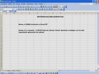 REFERENCIAS BIBLIOGRAFICAS
Navas, A (2008) Iniciación a Excel XP
Varela, A y Lomanto, A (2010) Hoja de cálculo: Excel: Aprenda a trabajar con la más
importante aplicación de cálculo
 