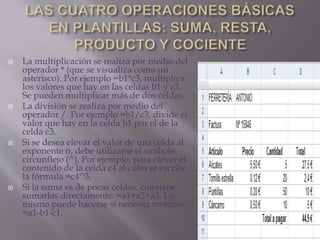  La multiplicación se realiza por medio del 
operador * (que se visualiza como un 
asterisco). Por ejemplo =b1*c3, multiplica 
los valores que hay en las celdas b1 y c3. 
Se pueden multiplicar más de dos celdas. 
 La división se realiza por medio del 
operador /. Por ejemplo =b1/c3, divide el 
valor que hay en la celda b1 por el de la 
celda c3. 
 Si se desea elevar el valor de una celda al 
exponente n, debe utilizarse el símbolo 
circunflejo (^). Por ejemplo, para elevar el 
contenido de la celda c4 al cubo se escribe 
la fórmula =c4^3. 
 Si la suma es de pocas celdas, conviene 
sumarlas directamente: =a1+a2+a3. Lo 
mismo puede hacerse si necesita restarse: 
=a1-b1-c1. 
 