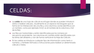 CELDAS: 
 La celda de una hoja de cálculo es el lugar donde se pueden introducir 
datos o realizar cálculos, visualmente es un espacio rectangular que se 
forma en la intersección de una fila y una columna y se les identifica con 
un nombre, como por ejemplo C4 (C es el nombre de la columna y 4 el 
de la fila). 
 Las filas son horizontales y están identificadas por los números en 
secuencia ascendente. Las columnas en cambio están identificadas con 
las letras del alfabeto y van de forma vertical en la Hoja de Cálculo. 
 En las celdas se introduce cualquier tipo de información como texto o 
números, y también fórmulas o instrucciones para realizar un determinado 
cálculo o tarea. 
 