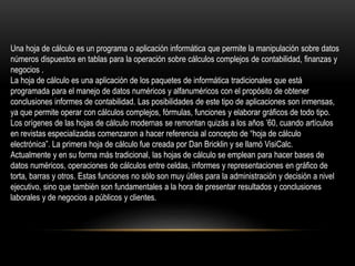 Una hoja de cálculo es un programa o aplicación informática que permite la manipulación sobre datos 
números dispuestos en tablas para la operación sobre cálculos complejos de contabilidad, finanzas y 
negocios . 
La hoja de cálculo es una aplicación de los paquetes de informática tradicionales que está 
programada para el manejo de datos numéricos y alfanuméricos con el propósito de obtener 
conclusiones informes de contabilidad. Las posibilidades de este tipo de aplicaciones son inmensas, 
ya que permite operar con cálculos complejos, fórmulas, funciones y elaborar gráficos de todo tipo. 
Los orígenes de las hojas de cálculo modernas se remontan quizás a los años ’60, cuando artículos 
en revistas especializadas comenzaron a hacer referencia al concepto de “hoja de cálculo 
electrónica”. La primera hoja de cálculo fue creada por Dan Bricklin y se llamó VisiCalc. 
Actualmente y en su forma más tradicional, las hojas de cálculo se emplean para hacer bases de 
datos numéricos, operaciones de cálculos entre celdas, informes y representaciones en gráfico de 
torta, barras y otros. Estas funciones no sólo son muy útiles para la administración y decisión a nivel 
ejecutivo, sino que también son fundamentales a la hora de presentar resultados y conclusiones 
laborales y de negocios a públicos y clientes. 
 