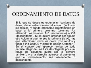 ORDENAMIENTO DE DATOS 
Si lo que se desea es ordenar un conjunto de 
datos, debe seleccionarse el mismo (inclusive 
los rótulos) y puede ordenarse directamente en 
base a la primera columna (columna A), 
utilizando los botones A-Z (ascendente) o Z-A 
(descendente). Si se quiere ordenar por alguna 
otra columna que no sea la primera (la A), hay 
que seleccionar todos los datos (con rótulos y 
todo) e ir a DATOS y elegir la opción Ordenar… 
En el cuadro que aparece, arriba de todo 
permite elegir de una lista desplegable por cuál 
rótulo de columna quere ser la primera 
también), y a la derecha aparece si queremos 
que el ordenamiento sea ascendente o 
descendente. 
 